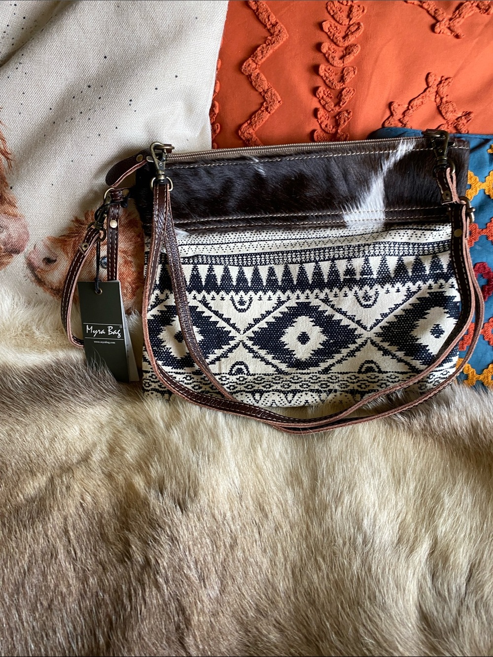Myra Bag Black & Cream Aztec Canvas Shoulder Bag with Brown Hair-on-Hide Trim